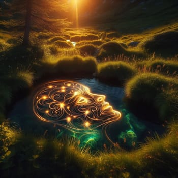 A stylized image of a luminous face appearing in a tranquil pond at sunset. The face is formed from glowing lines and stars. High quality AI-generated photo.
