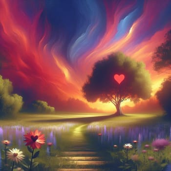 A dreamy landscape featuring a tree with a glowing heart-shaped opening in its trunk, surrounded by flowers and a path leading towards a colorful sunset sky. High quality AI-generated photo.
