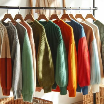 A collection of colorful knitted sweaters hanging on a clothes rack. High quality AI-generated photo.