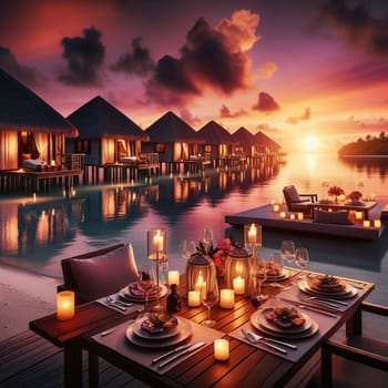 An idyllic scene of overwater bungalows at sunset, with a romantic dinner setting on a deck overlooking the water. High quality AI-generated photo.