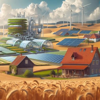 An illustration of a futuristic sustainable farm, combining traditional agriculture with modern technology and renewable energy sources. High quality AI-generated photo.