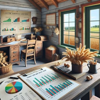 A rustic interior scene showing a wooden desk with financial documents and office supplies, overlooking a field of wheat through a window. High quality AI-generated photo.