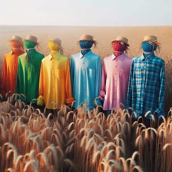 Six scarecrows dressed in brightly colored shirts standing in a wheat field. High quality AI-generated photo.