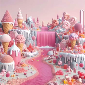 A whimsical landscape composed entirely of candy and sweets, featuring a pink river, candy trees, and a waterfall. High quality AI-generated photo.