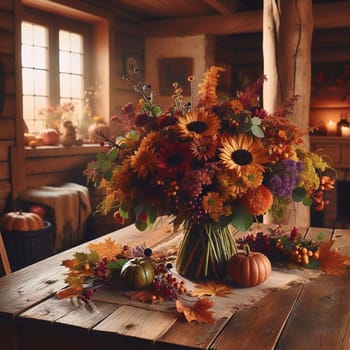 A large autumnal flower bouquet, including sunflowers and dahlias in warm colors, sits on a rustic wooden table in a cozy cabin setting. High quality AI-generated photo.
