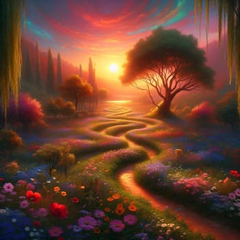 A magical, dreamy path winding through a field of colorful flowers towards a sunset. High quality AI-generated photo.