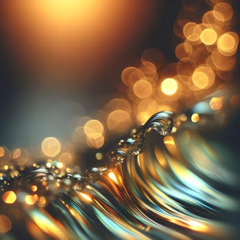 Abstract image of stylized waves with iridescent, metallic sheen, set against a bokeh background of warm golden lights. High quality AI-generated photo.
