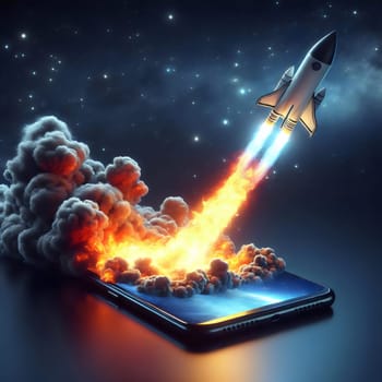 A rocket launching from a smartphone screen, surrounded by flames and smoke against a starry night sky background. High quality AI-generated photo.