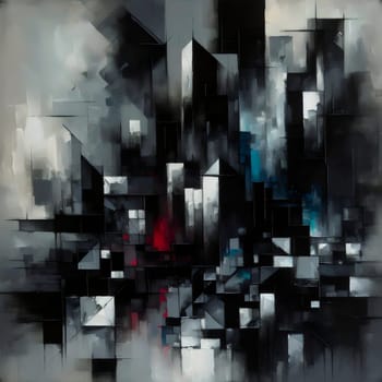 Abstract painting of a cityscape rendered in grayscale with pops of color, featuring geometric shapes and textures. High quality AI-generated photo.