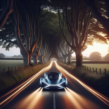 A futuristic car driving down a tree-lined road at sunset. Light trails streak behind the car. High quality AI-generated photo.