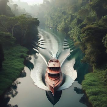 An aerial view of a wooden boat speeding down a narrow river surrounded by lush green vegetation. High quality AI-generated photo.
