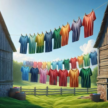 Colorful t-shirts hanging on a clothesline between two barns in a sunny rural setting. High quality AI-generated photo.
