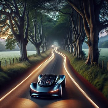 A futuristic car driving on a winding road through a tunnel of trees at sunset. High quality AI-generated photo.