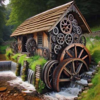A whimsical water mill with large gears and cogs on its exterior, located in a lush green setting with a waterfall. High quality AI-generated photo.