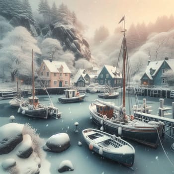 A quaint fishing village nestled in a snow-covered cove, with boats and houses covered in snow. High quality AI-generated photo.