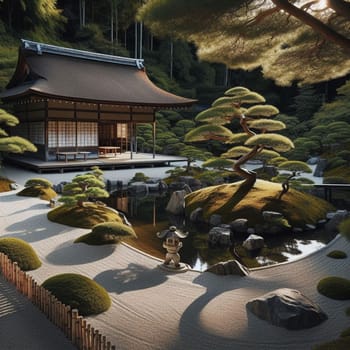 A traditional Japanese zen garden with a teahouse, pond, meticulously raked gravel, and pruned trees. High quality AI-generated photo.