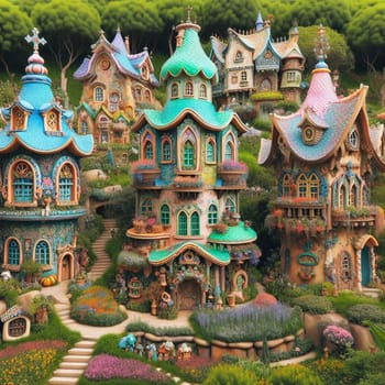 A collection of colorful, whimsical houses clustered together on a hillside, with lush gardens and flowers. High quality AI-generated photo.