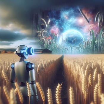 A robot wearing a VR headset stands in a wheat field, viewing a virtual landscape projected through the headset. The virtual landscape includes a glowing orb. High quality AI-generated photo.