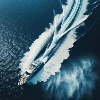 An aerial view of a luxury yacht speeding across the ocean, leaving a white wake behind it. High quality AI-generated photo.