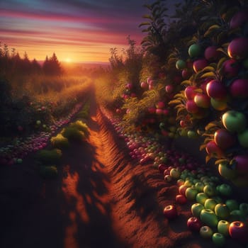 A picturesque apple orchard at sunset, with rows of apple trees laden with ripe apples of various colors. The setting sun casts long shadows. High quality AI-generated photo.
