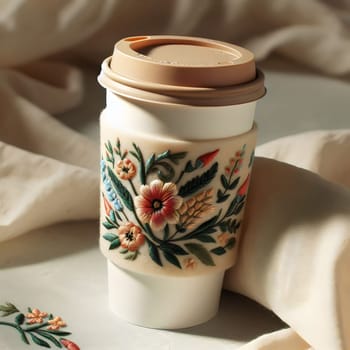 A coffee cup sleeve with embroidered floral design, resting on a light beige fabric. High quality AI-generated photo.