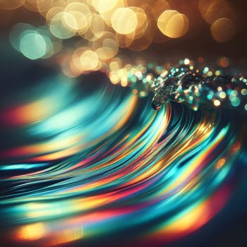 Abstract image of stylized waves with iridescent, multicolored sheen, set against a bokeh background of warm golden and cool teal lights. High quality AI-generated photo.