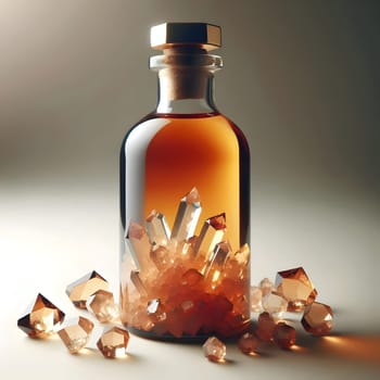 A glass bottle with a golden cap containing orange crystals, surrounded by smaller orange crystals. High quality AI-generated photo.