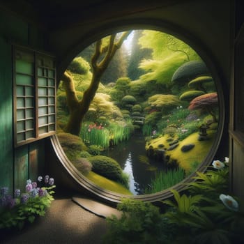 A view of a Japanese garden through a large circular window in a traditional Japanese house. The garden features lush greenery, a pond, and a bridge. High quality AI-generated photo.