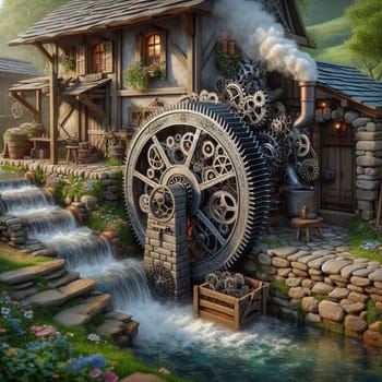 A whimsical water mill with large gears and cogs on its exterior, located in a lush green setting with a waterfall. A small cottage sits next to it. High quality AI-generated photo.