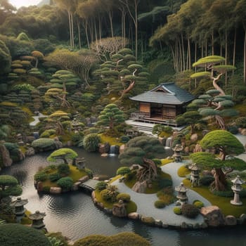 An aerial view of a traditional Japanese garden with a pond, meticulously raked gravel paths, pruned trees, and a teahouse. High quality AI-generated photo.
