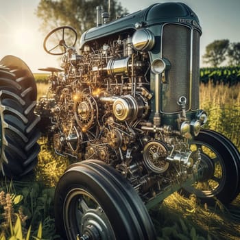 A stylized image of a classic tractor with its engine exposed, showing intricate gears and mechanisms, set in a rural landscape at sunset. High quality AI-generated photo.