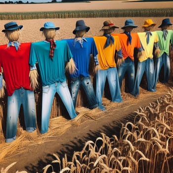 Seven scarecrows dressed in colorful shirts and jeans standing in a wheat field. High quality AI-generated photo.
