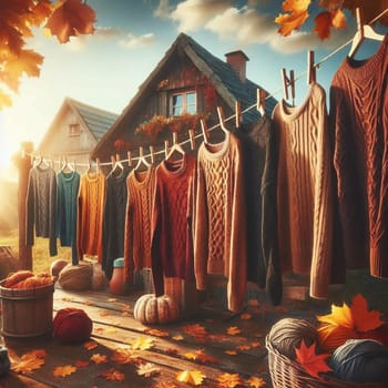 Knitted sweaters of various colors hanging on a clothesline outside against the backdrop of an autumnal landscape. High quality AI-generated photo.