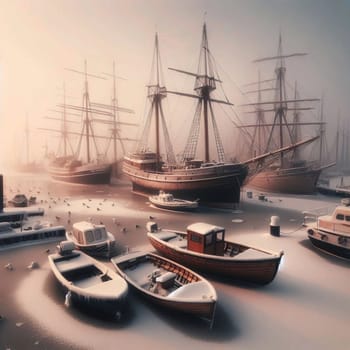 A harbor filled with vintage sailing ships covered in snow and ice. Small boats are also covered in frost. High quality AI-generated photo.