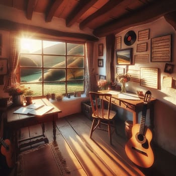 A cozy, rustic room with a large window overlooking a mountain valley. Sunlight streams into the room, illuminating a wooden desk, chairs, and musical instruments. High quality AI-generated photo.