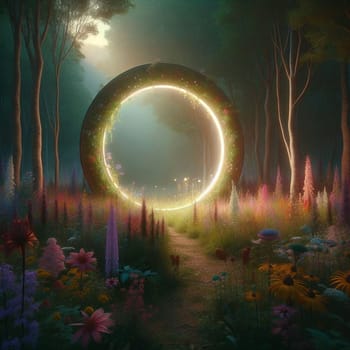 A magical portal in the form of a glowing circular ring surrounded by flowers, located in a lush forest. High quality AI-generated photo.