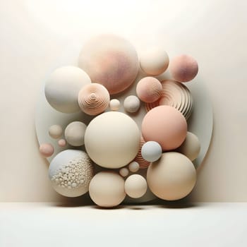 An abstract composition of various textured spheres in shades of beige and cream, arranged on a circular platform. High quality AI-generated photo.