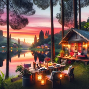 A romantic lakeside scene at sunset, featuring a cozy cabin with lights, a dining table set for a meal, and lush surroundings. High quality AI-generated photo.