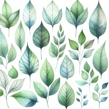 A collection of watercolor-style leaves in varying shades of green and blue-green, isolated on a white background. High quality AI-generated photo.
