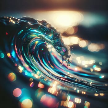 An abstract close-up of a wave with iridescent colors, set against a bokeh background of colorful lights. High quality AI-generated photo.