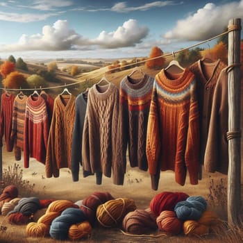 Knitted sweaters of various autumnal colors hanging on a clothesline in a rural setting against the backdrop of a landscape with rolling hills. High quality AI-generated photo.
