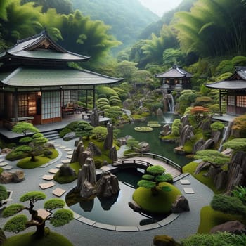 An aerial view of a traditional Japanese garden with multiple teahouses, water features, meticulously landscaped greenery, and stone pathways. High quality AI-generated photo.