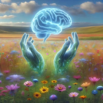 Two hands emerging from a field of flowers, gently cradling a glowing brain. High quality AI-generated photo.