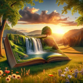 A magical scene of a waterfall and lush landscape emerging from the pages of an open book. High quality AI-generated photo.