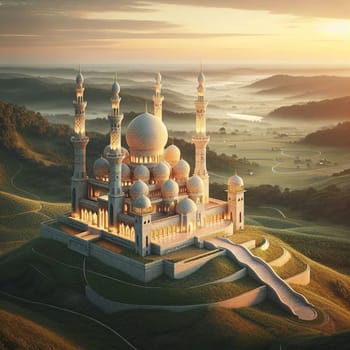 An aerial view of a large, ornate mosque situated on a hilltop overlooking a lush green landscape. High quality AI-generated photo.