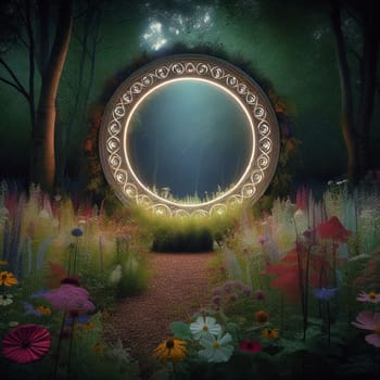 A magical portal in the form of a glowing circular ring surrounded by flowers, located in a lush forest. High quality AI-generated photo.
