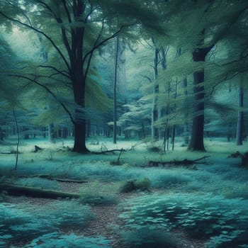 A moody, atmospheric forest scene with a cool, almost blue-green color palette, showing dense vegetation and fallen trees. High quality AI-generated photo.