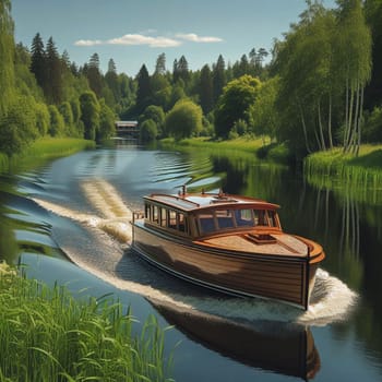 A classic wooden motorboat speeding down a calm river surrounded by lush green trees and vegetation. High quality AI-generated photo.