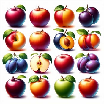 A collection of apples, plums, and peaches in various colors and arrangements, presented against a white background. High quality AI-generated photo.