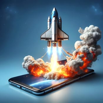 A rocket launching from a smartphone screen, surrounded by flames and smoke against a dark blue background. High quality AI-generated photo.